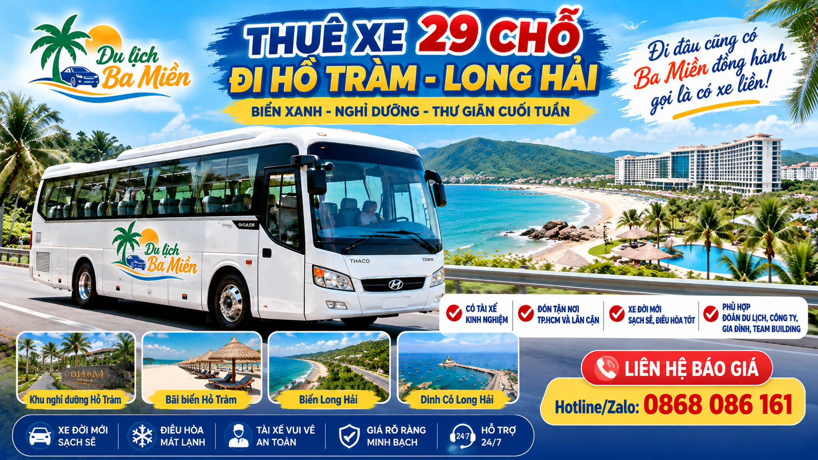 Thu&ecirc; xe 29 chỗ đi Hồ Tr&agrave;m &ndash; Long Hải