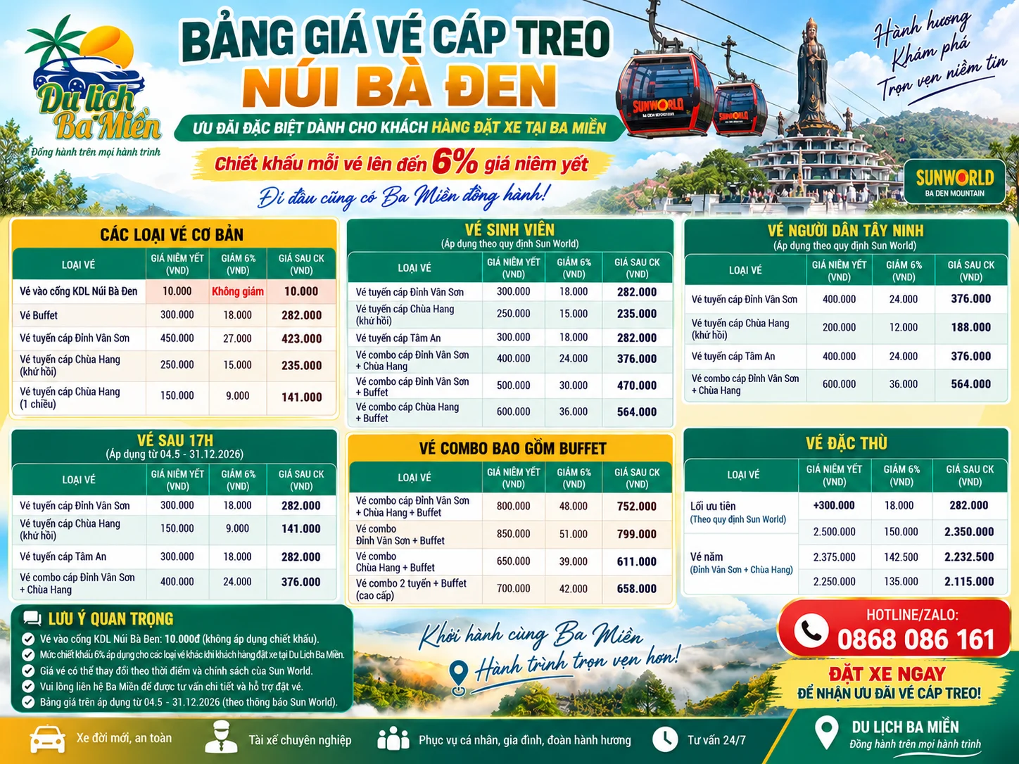 Đặt v&eacute; c&aacute;p treo N&uacute;i B&agrave; Đen, BẢNG GI&Aacute; C&Aacute;P TREO